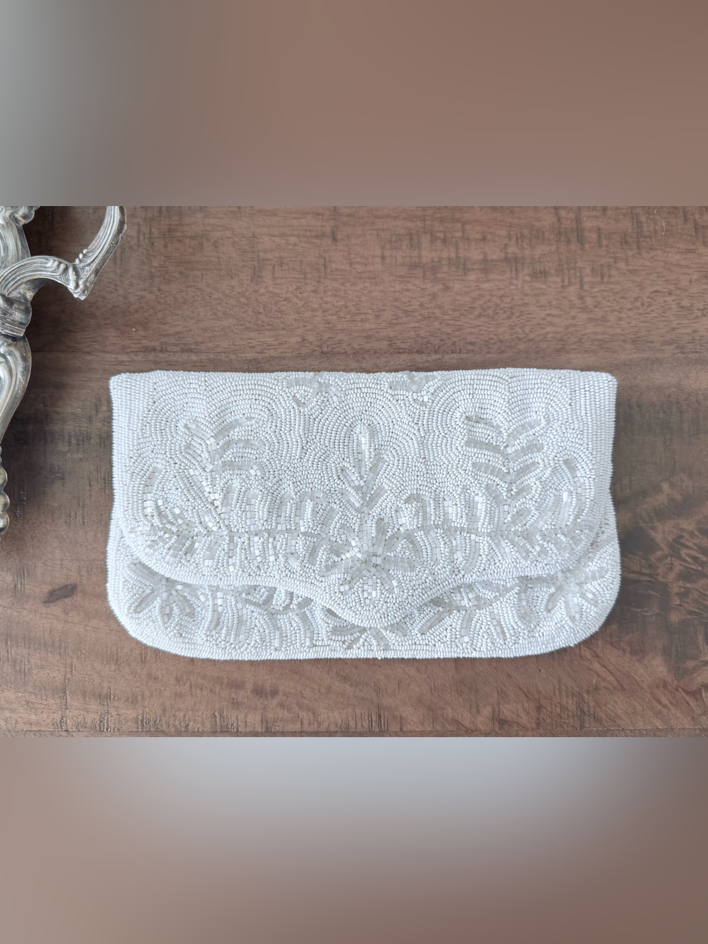Vintage Ivory Glass-beads Envelope Clutch Purse